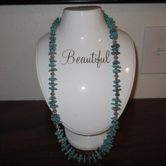 Turquoise Native American Western Handcrafted Sterling Silver 30" Necklace - Picture 2 of 3